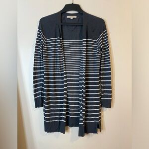 LOFT Gray and White Striped open front Cardigan Ramie blend